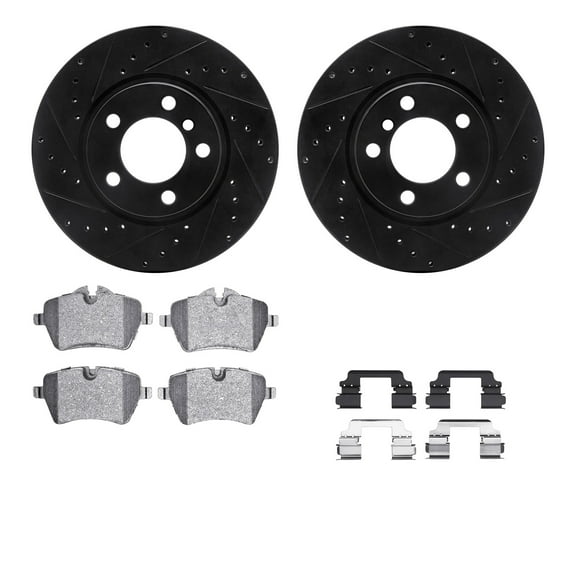 Dynamic Friction Company Front Brake Rotors-Drilled and Slotted-Black with 5000 Advanced Brake Pads includes Hardware 8512-32013
