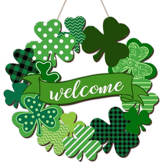 Shamrock St. Patrick's Day Wreath - Wooden Front Door Sign Welcome, Wall Hanging Decoration for Home, Party & Irish Spring Decor, St Patricks Day Decorations