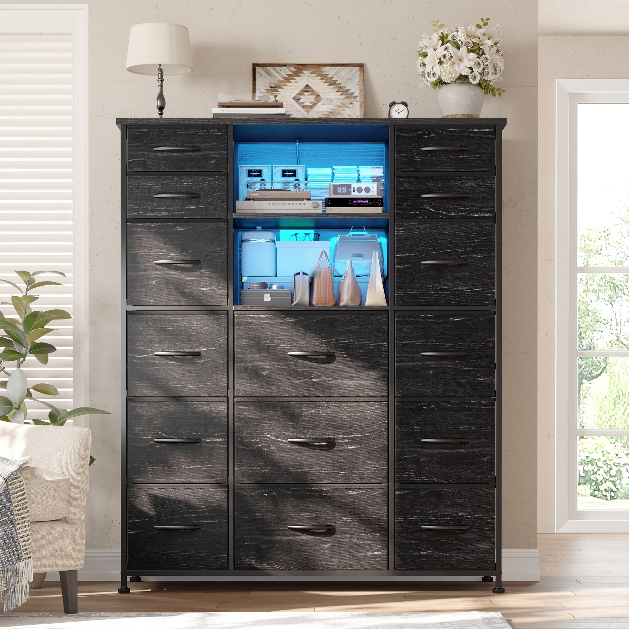 EnHomee Black Tall Dressers for Bedroom with 15 Drawers Dresser with LED Lights &Charging Station,39"L x 12"W x 51"H