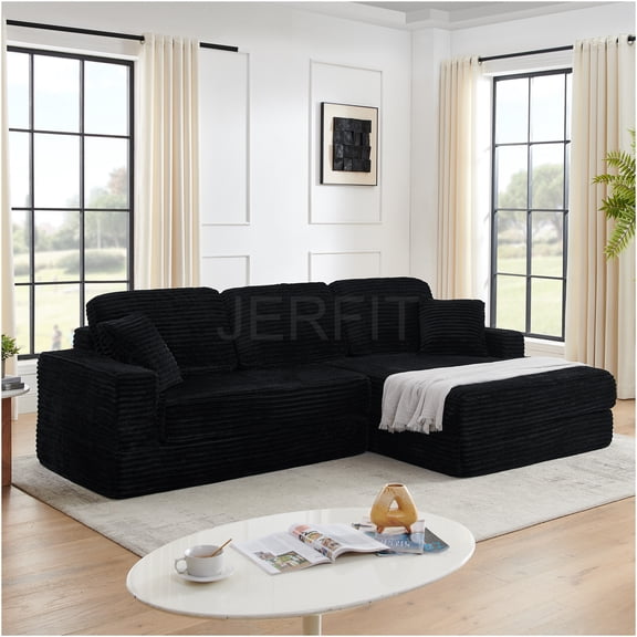 JERFIT Modular Sofa Bed, Reversible L-Shaped Sectional Couch with Chaise, Convertible Sleeper, Space Saving, Modern Corduroy Fabric, Black