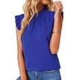 thumbnail image 3 of Estrela Mujer Volantes Trim Cap Manga Top Volantes Trim Casual Color Liso Elegante Verano Jersey Blusa Azul Oscuro S, 3 of 6