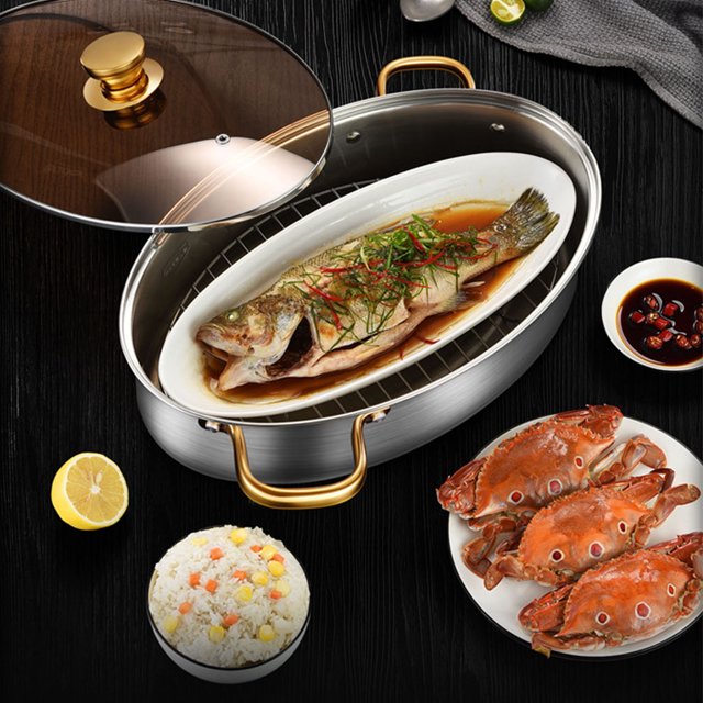 Stainless Steel Steamed Fish Pot, Multi Use Large Space Non Stick Transparent Fish Steam Pot Dishwasher Safe with Rack Lid for Seafood