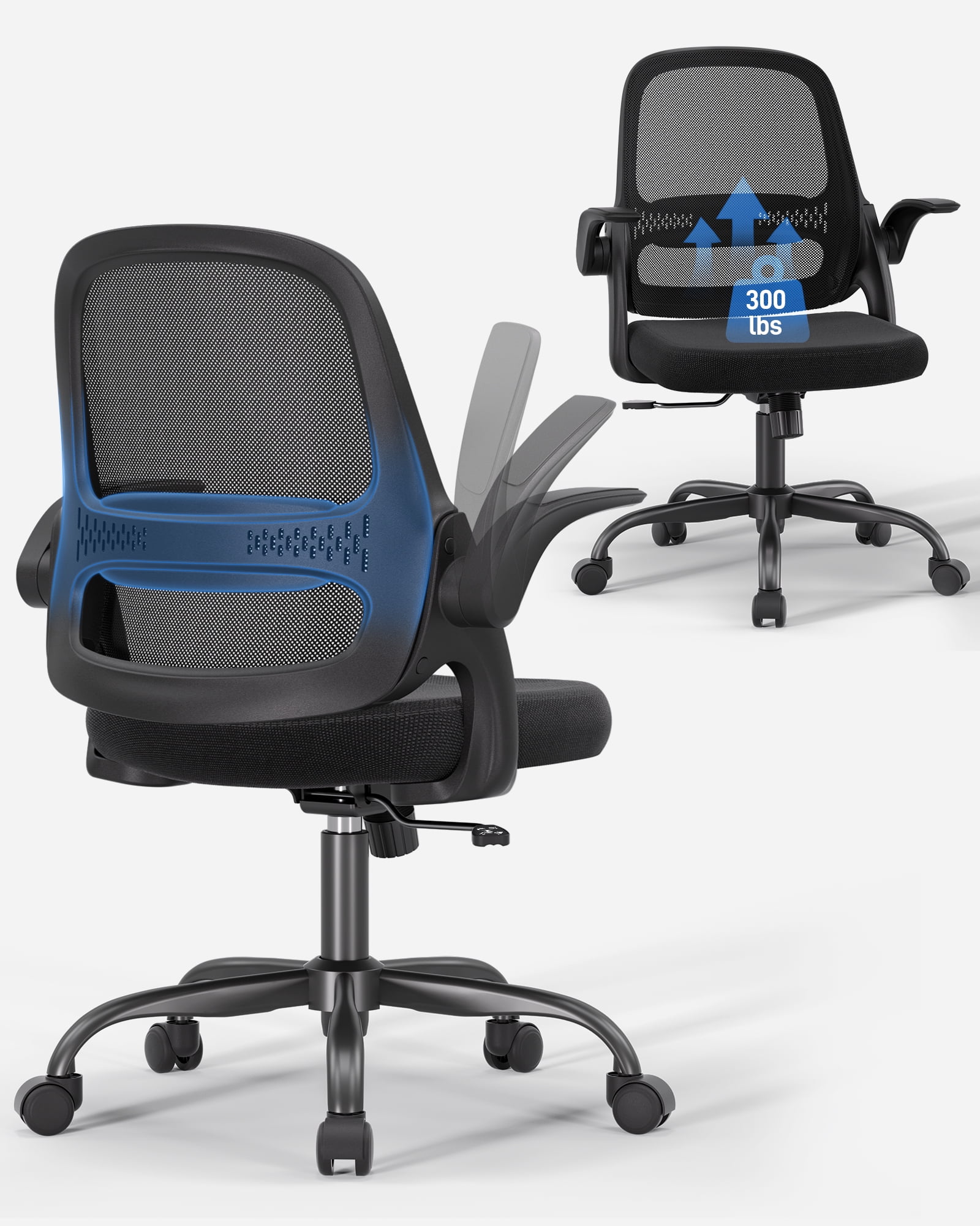 TMV Ergonomic Office Chair, Mesh Computer Chair with Wide Seat & Arms - Rolling Desk Chair with Wheels for Home Office, Gaming, or Living Room，Black