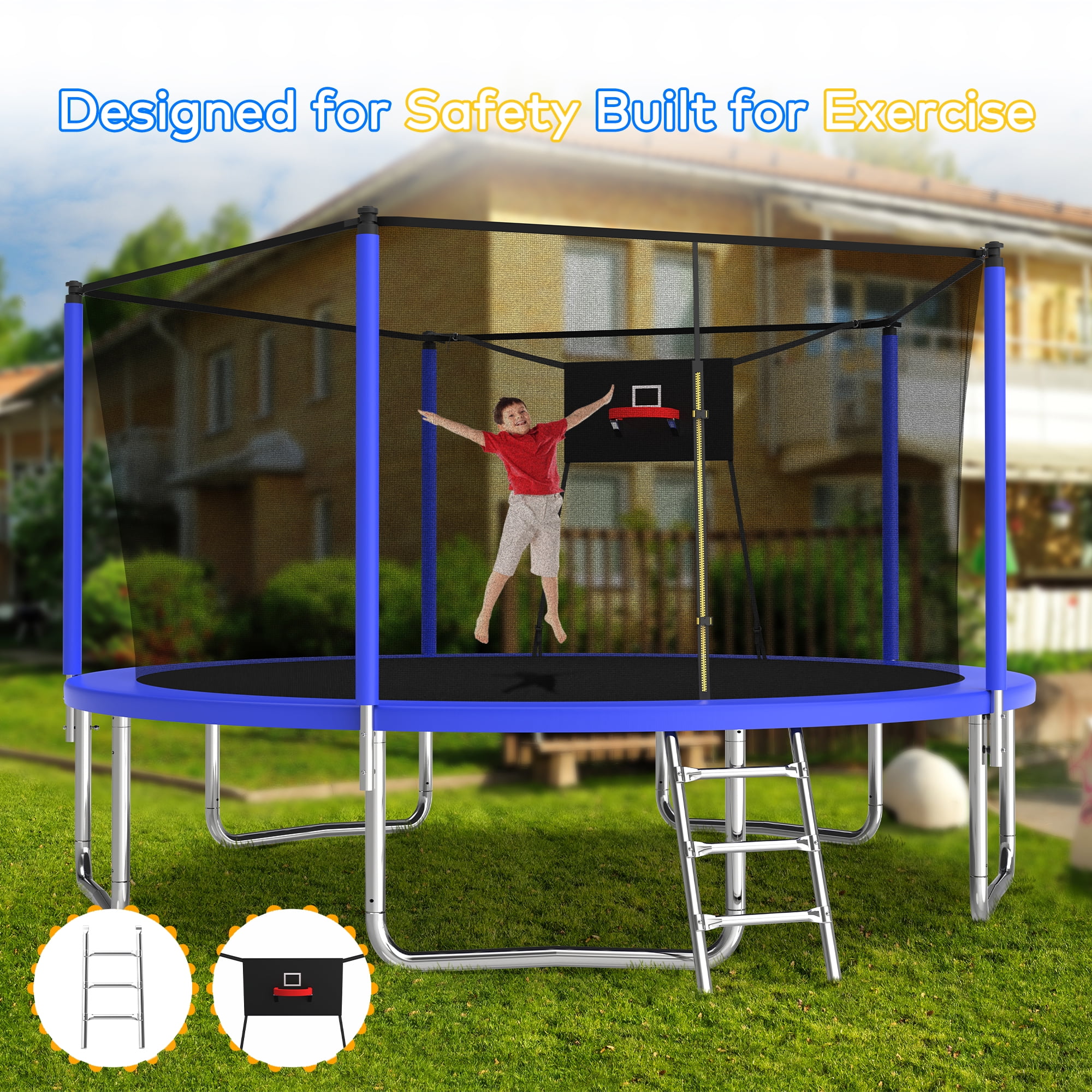 Leumius 14ft Trampoline with Basketball Hoop,Outdoor Trampoline with with Enclosure Net,Heavy-Duty Backyard Trampoline for Adults and Kids,Blue