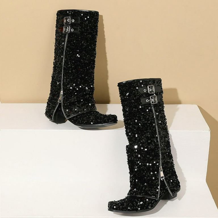 Mepaouo Women's Slouchy Knee High Boots Rhinestone Sparkle