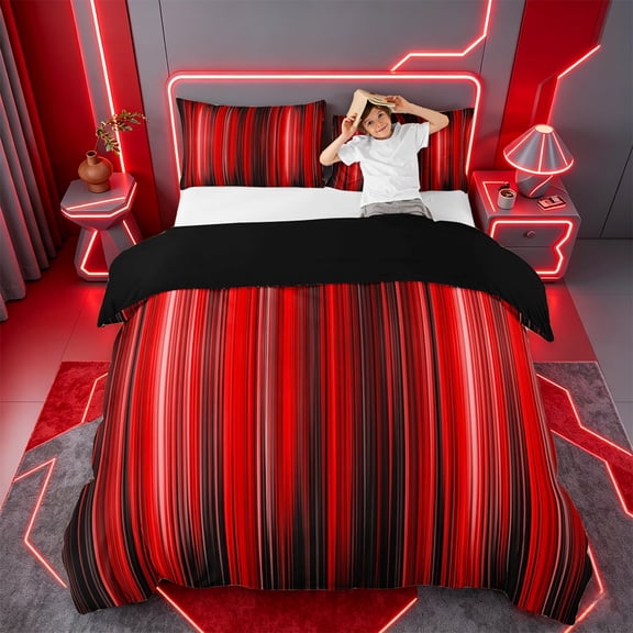 jejeloiu Red Black Gradient Stripe Texture Duvet Cover Set Kids,Ombre Pattern Bedding Full,Reversible,3 Pieces(No Comforter)