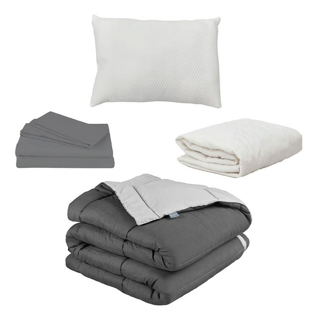 Edredón Dos vistas Individual Rogga Gris Oxford - Gris Perla + Protector Spring Air + Sábanas Basic + Almohada Frosty