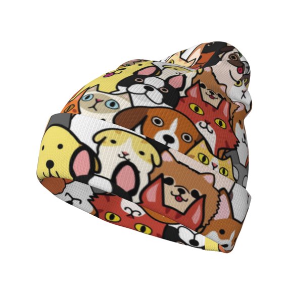 Lsque Cats & Dogs Group Pattern Knitted Beanie, Unisex Winter Hat, Knit Hat Winter Beanies Thick Fisherman Beanies Cuffed Plain Skull Caps