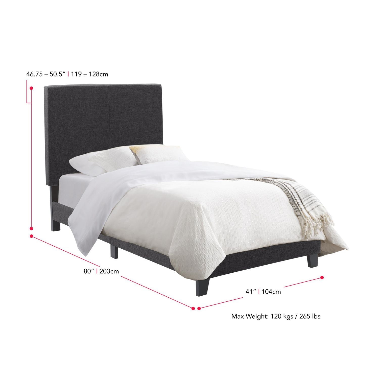 CorLiving Juniper Charcoal Fabric Upholstered  Bed, Single