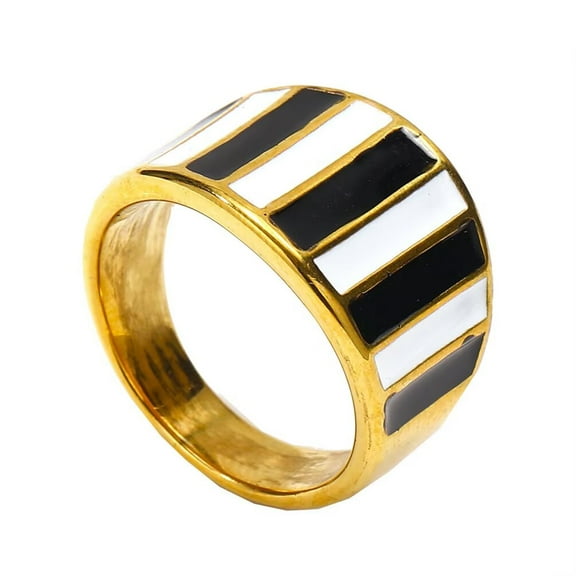 PAMTIER Women's Stainless Steel Vintage Big Black and White Stripe Enamel Ring Gold Size 8