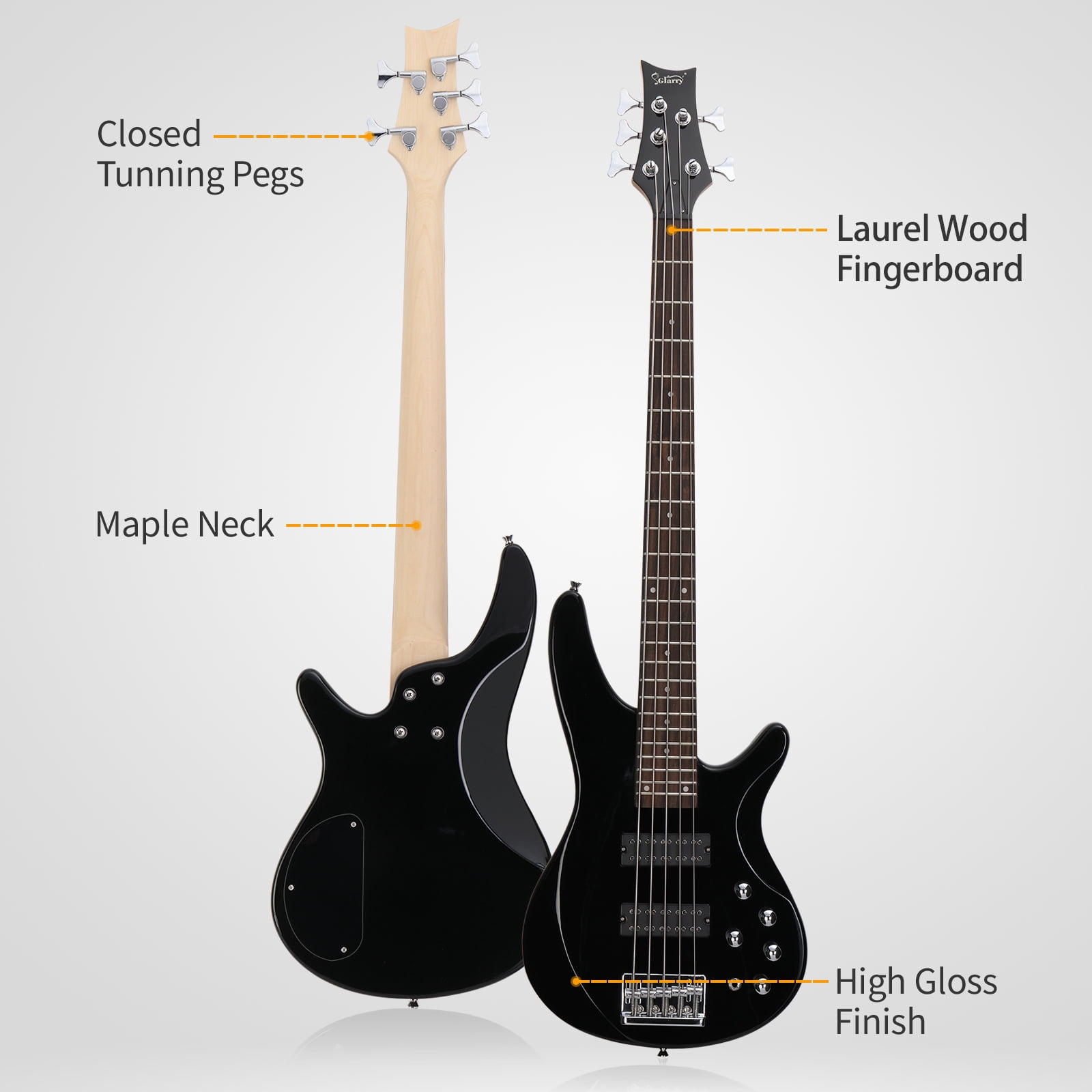 44 Inch GIB 5 String H-H Pickup Laurel Wood Fingerboard Electric Bass Guitar with Bag and Other Accessories Black