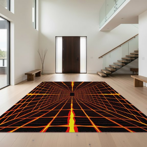 Design&I 4'x6' Washable Area Rug Flatweave Daily Traffic Ready Optical Fiery Cave Molten Grid Vanishing Visual Illusion Perspective for Dorm Room, Living Apartment