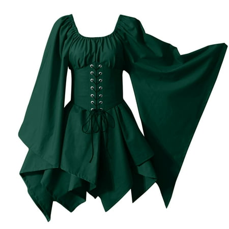 

Plus Size Dress for Women Summer For Womens Trumpet Sleeve Irish Shirt Dress With Corset Traditional Dress Women M Gothic Retro Long Sleeve Corset Dress