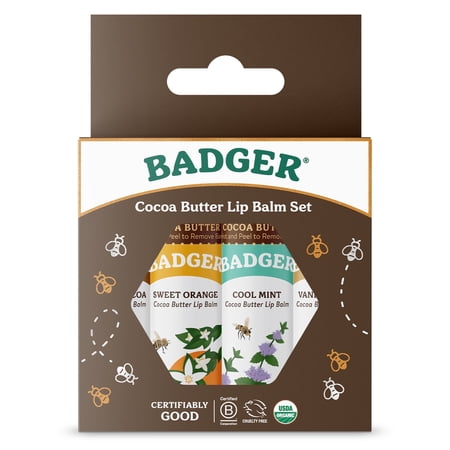 Badger Certified Organic Cocoa Butter Lip Balm Set, Cocoa, Vanilla, Orange, Mint, 0.25 oz (4 Pack)