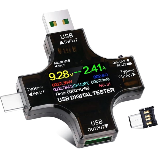 Medidor de Potencia USB C 2 en 1, Multímetro Digital 3.6-32V 0-8.0A Probador de Voltaje y Corriente, Medidor Tipo C, Voltímetro de Capacidad de Batería, Banco de Energía, Cargador Rápido, Detector