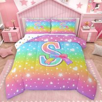 Homewish Cartoon Bowknot Monogrammed Queen Comforter Set, Initial S Letter Bedding Sets, Glitter Stars Rainbow Reversible Bedding Comforter Set, Microfiber Bedroom Decor, 3-Piece