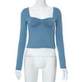 thumbnail image 5 of Lenpel Women's Crop Tops Long Sleeve Square Neck Ruched Side Split Slim T-Shirts Cropped Tee Blouses Going out Tops(Blue,Small), 5 of 5