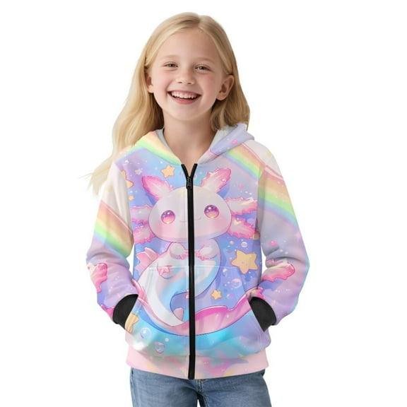 KUIFORTI Cute Axolotl Sweater for Girls Comfortable Zip Up Hoodie Sweatshirt for Girls Fleece-Lined Breathable Casual Long Sleeve Jacket 14-16 for Spring, Fall and Winter