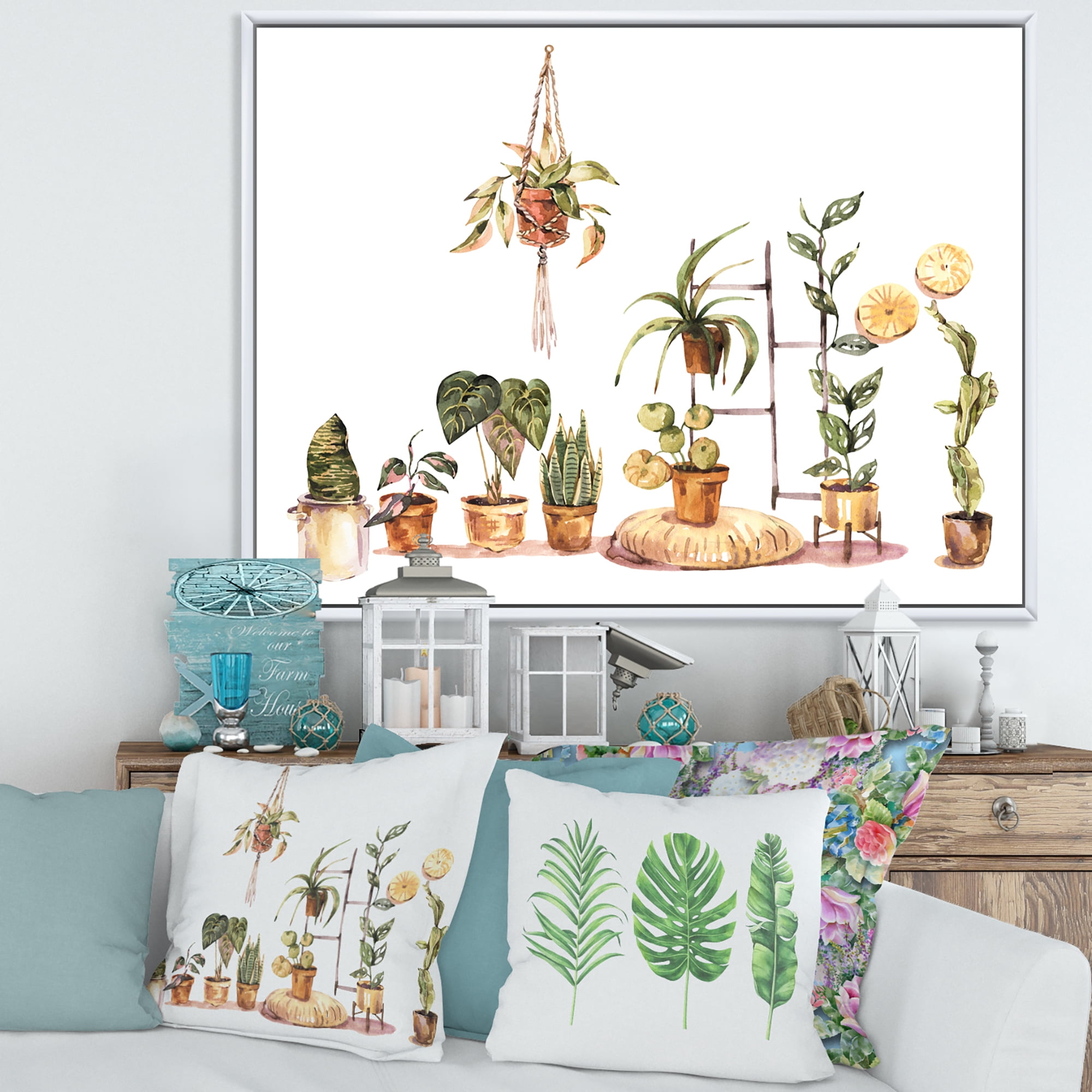 Designart 'Indoor House Plants Urban Jungle in Flowerpots II' Traditional Framed Canvas Wall Art Print