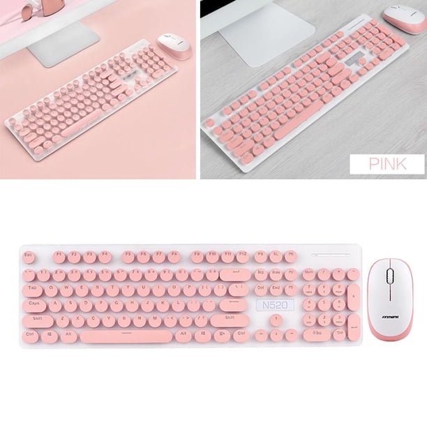 Combinación de y ratón inalámbricos, juegos de y ratón N520 de GHz, juegos de y ratón inalámbricos de estilo Retro redondo rosado Macarena teclado mecánico inalámbrico