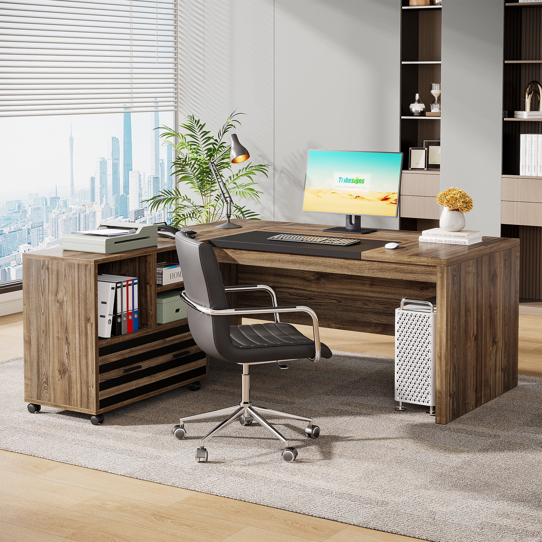 Tribesigns 62.2" Executive Desk with Mobile File Cabinet, L-Shaped Office Desk with Storage Shelves, Large Computer Desk Business Workstation Set for Home Office, Light Brown