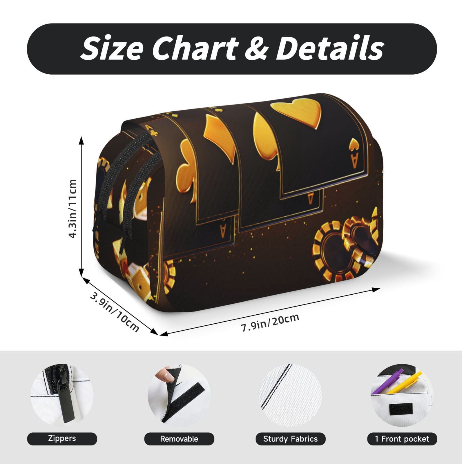 Rateoe Casino Playing Cards Pattern Double Clamshell Pen Case, Storage Organizer with Two Zipper Compartments– Holds Up to 50 Pencils & Pens