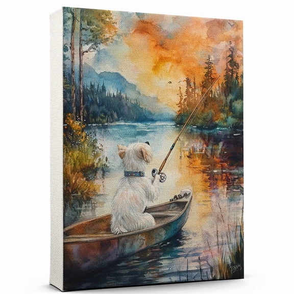 Sealyham Terrier Dog Stretched Canvas Size 8x12 – Fishing Theme Dog Art for Wall, Sealyham Terrier Dog Playing Fishing Wall Art, Dog Lover Canvas Decor