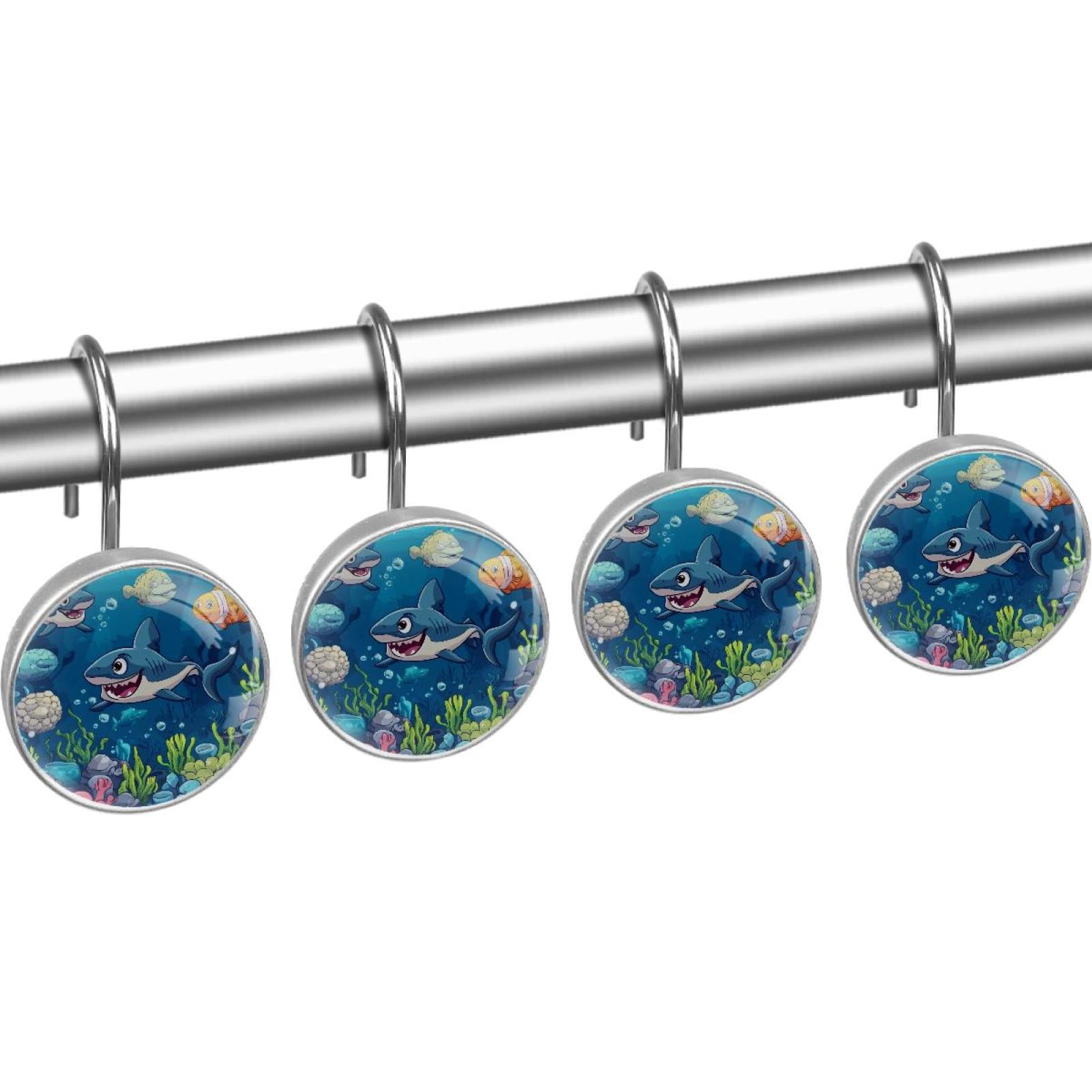 Cartoon under Sea Shark Fish Shower Curtain Hooks Round Crystal Glass, Set of 12 Shower Curtain Rings - Shower Hooks for Curtain Shower Rings