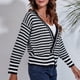 thumbnail image 4 of Chaqueta de punto de mujer con cuello en V a rayas, botones de manga larga, abrigo suelto vintage Irfora Negro/Grande, 4 of 7