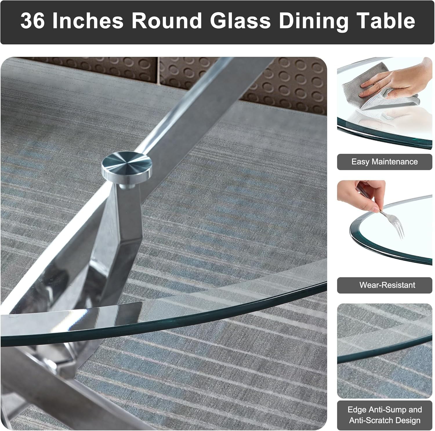 5-Piece 36" Round Glass Dining Set, Clear Tempered Glass Table & 4 Velvet Chairs with Stainless Steel Legs for Kitchen, Meeting Room
