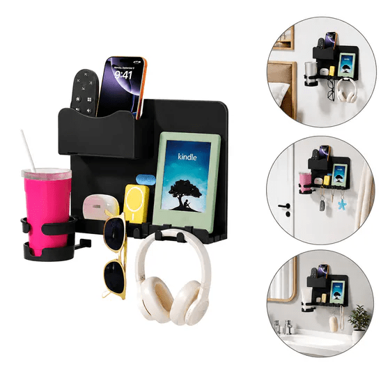 Stick On Wall Mount Floating Shelf, Multifunctional Bedside Shelf with Cup Holder, Hook and Phone Slot, No Drill Wall Shelf for Bedroom, Living Room, Dorm Aesthetic Room Decor and Storage Organizatio