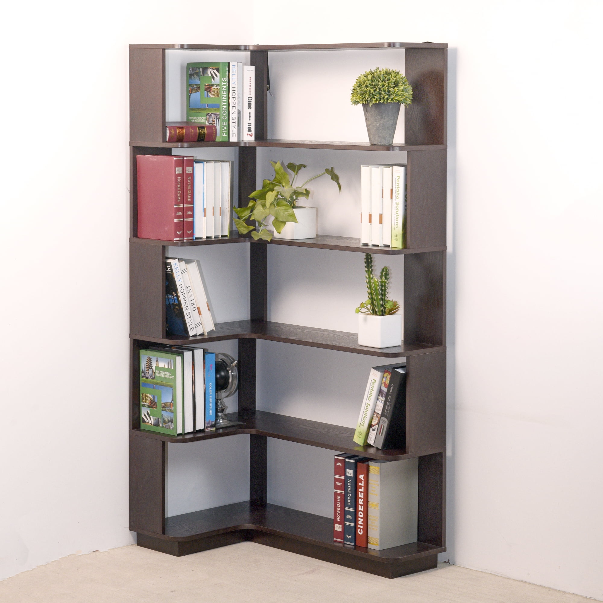 Leumius 5 Tier Freestanding L-Shaped Corner Bookshelf,Wooden Bookcase with Anti-drop Panel and Anti Tipping Device, Display shelf Open Storage,Ox Blood Red