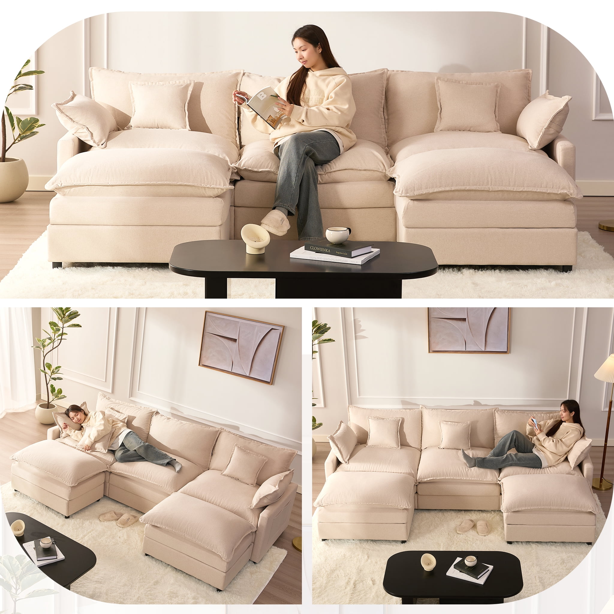 LAKPS 3-Seat Sectional Sofa Couch, Cloud-Style Deep Seating Sleeper Sofa with Included Throw Pillows, Linen Upholstery, Modern Living Room Sofa, Cream White