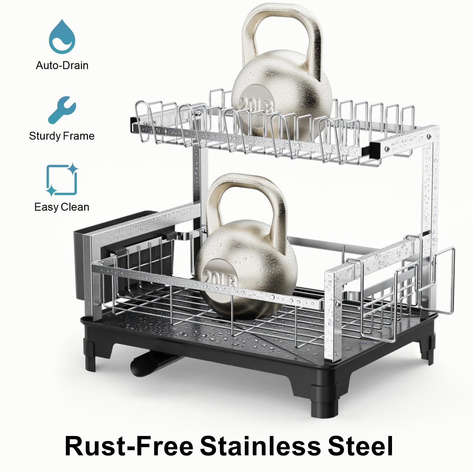 Stainless Steel Dish Drying Rack 2 Tier  Compact Racks For Kitchen Counter With Board Holder Auto-drain Spout Rust Proof Drainer Apartment 21" L X 12.6" W