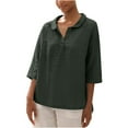 thumbnail image 1 of Penkiiy Blouse Décontractée à Manches 3/4 Henley Col en V Boutonnée Plissée Unie Vert Armée, 1 of 8