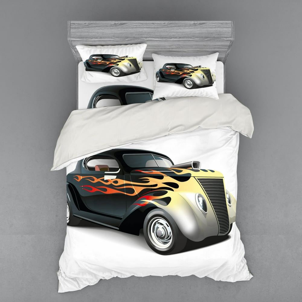 Vintage Duvet Cover Set, Retro 40s Fashionable Drag Car with Ombre