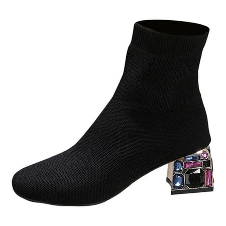 Large Size Women s Short Boots Square Toe Thick Heel Knitted Fashion Stretch Boots Women s Fashion Shoes Leather Boots for Women Size 13 Women s Boots Wide Bohemian Boots for Women Water Boots for
