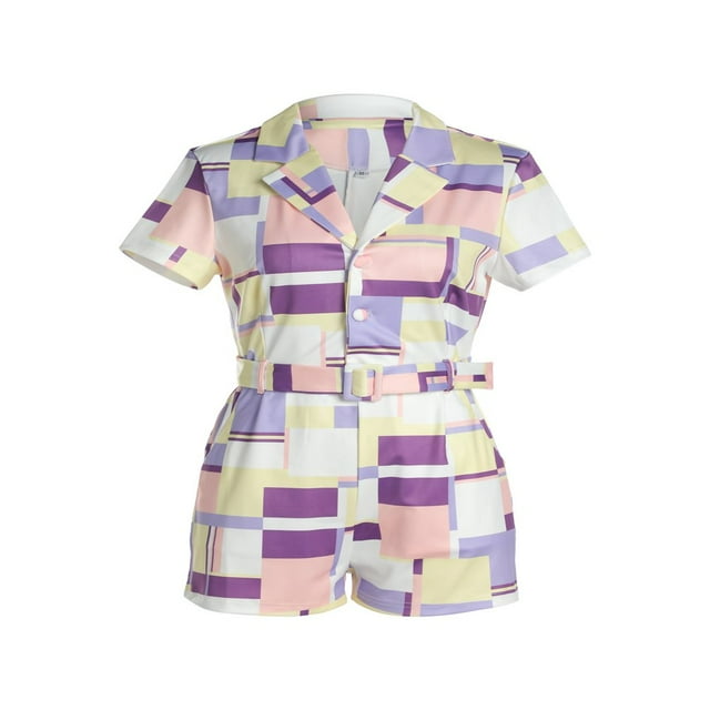 CNKOO AAOMASSR Summer Female Color Block Collar Short Sleeve Romper with Waist Belt New Style