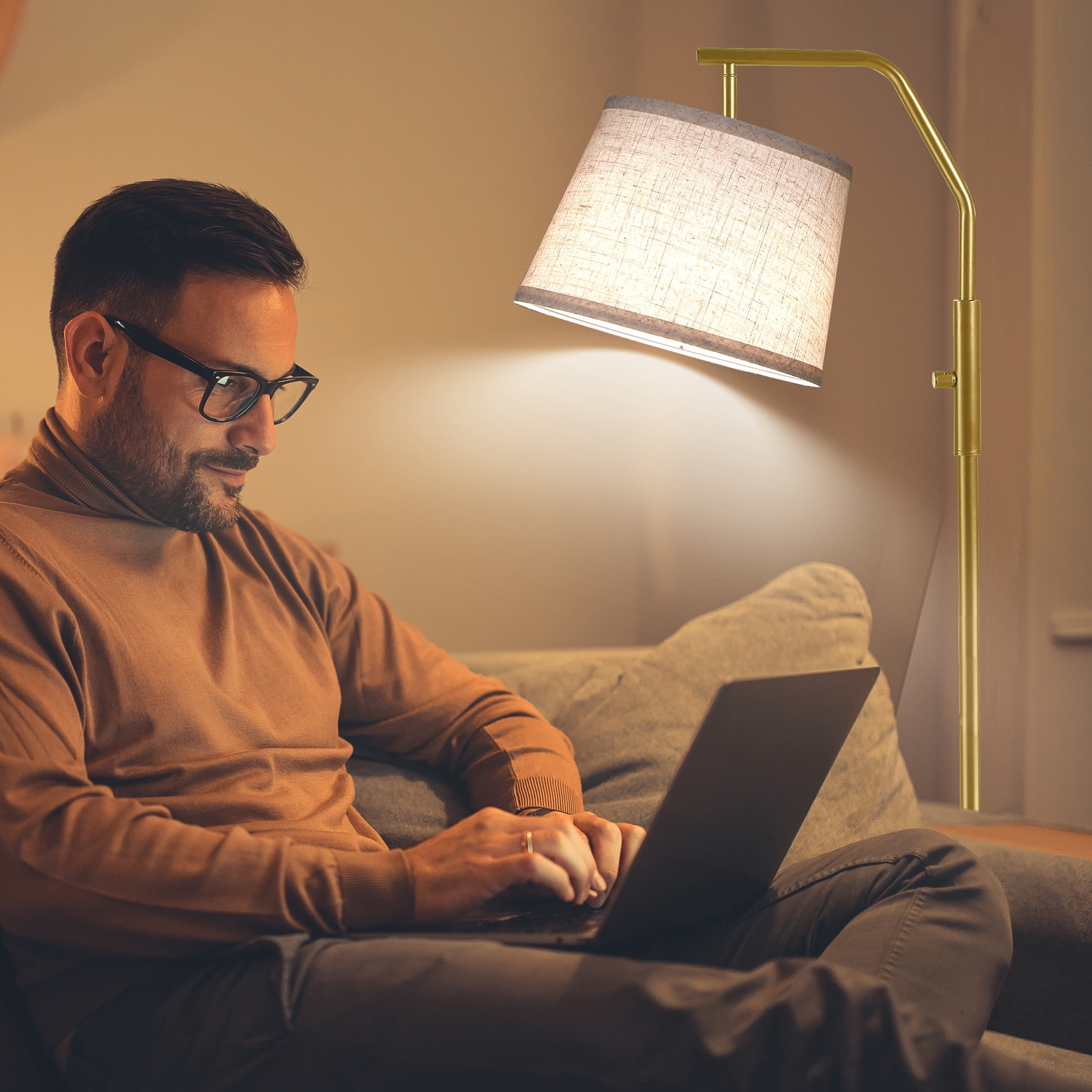 SUNMORY Floor Lamp for Living Room, 9W Bulb Included, Lamp for Bedroom with Adjust Head, Standing Lamp with Rotary Switch, 0-100% Dimmable Floor Lamp for Living Room Bedroom Office Nursery, Gold