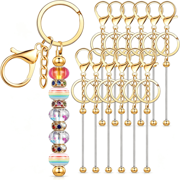 DESIGNICE 12 Pcs Beadable Keychains Bars Bulk Blank Beaded Metal Keychain for Craft Diy Gift Blank Beaded Metal Beaded Keychain