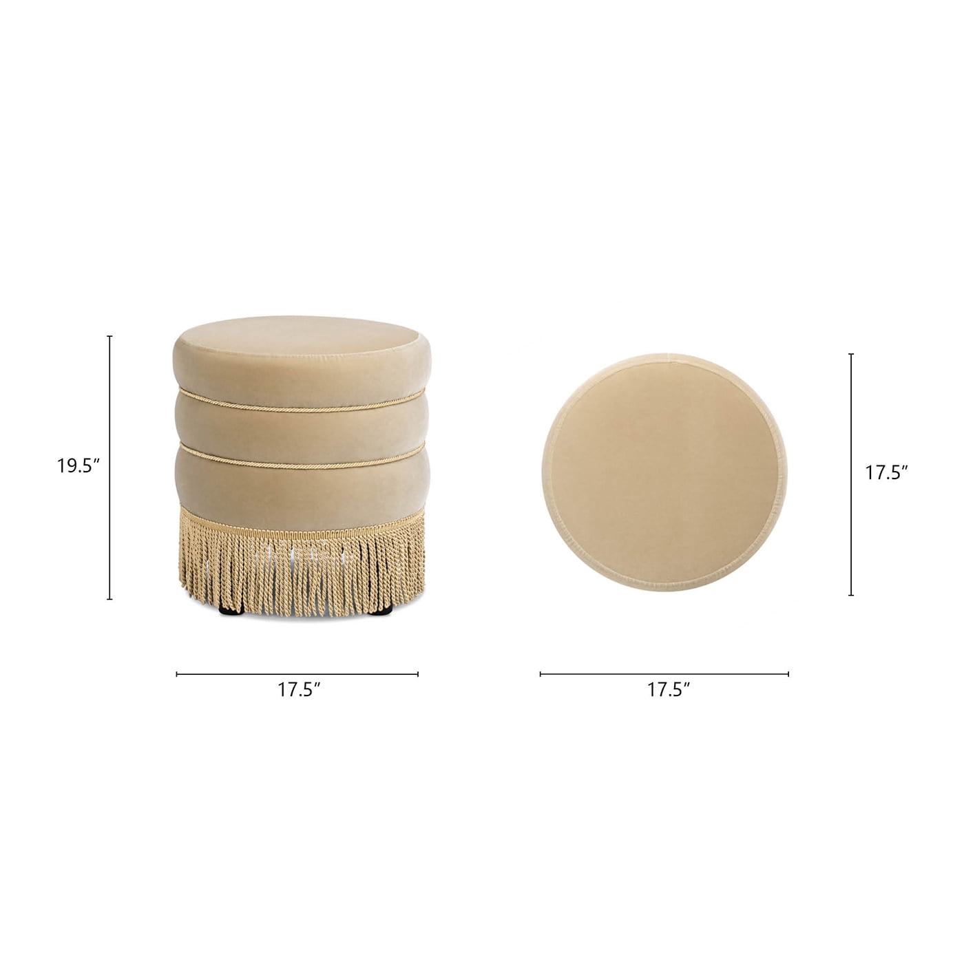 Jennifer Taylor Home Edward 17.5" Round Upholstered Ottoman with Bullion Fringe, Fawn Brown Performance Velvet
