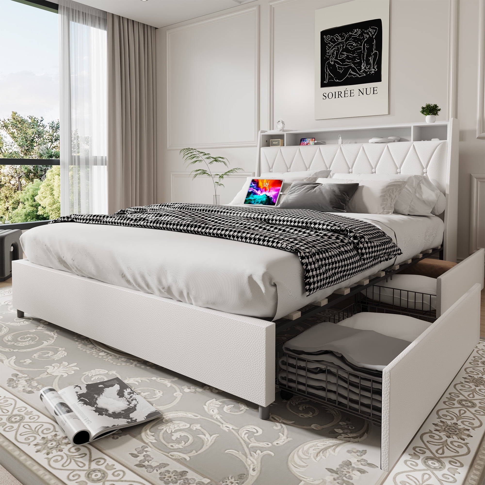 Miniyam Queen Size Upholstered Bed with Outlets & Charger, Storage Drawers for Adult, White