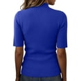 thumbnail image 4 of Women's Vertical Striped Knit Sweater, Short Sleeve Mock Neck Slim Fit Top, Casual Solid Color Ribbed Knit Pullover Blue S, 4 of 4