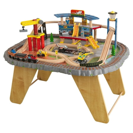 KidKraft Transportation Station Wood Train Set & Table with Airport, Helicopter, 58 Pieces