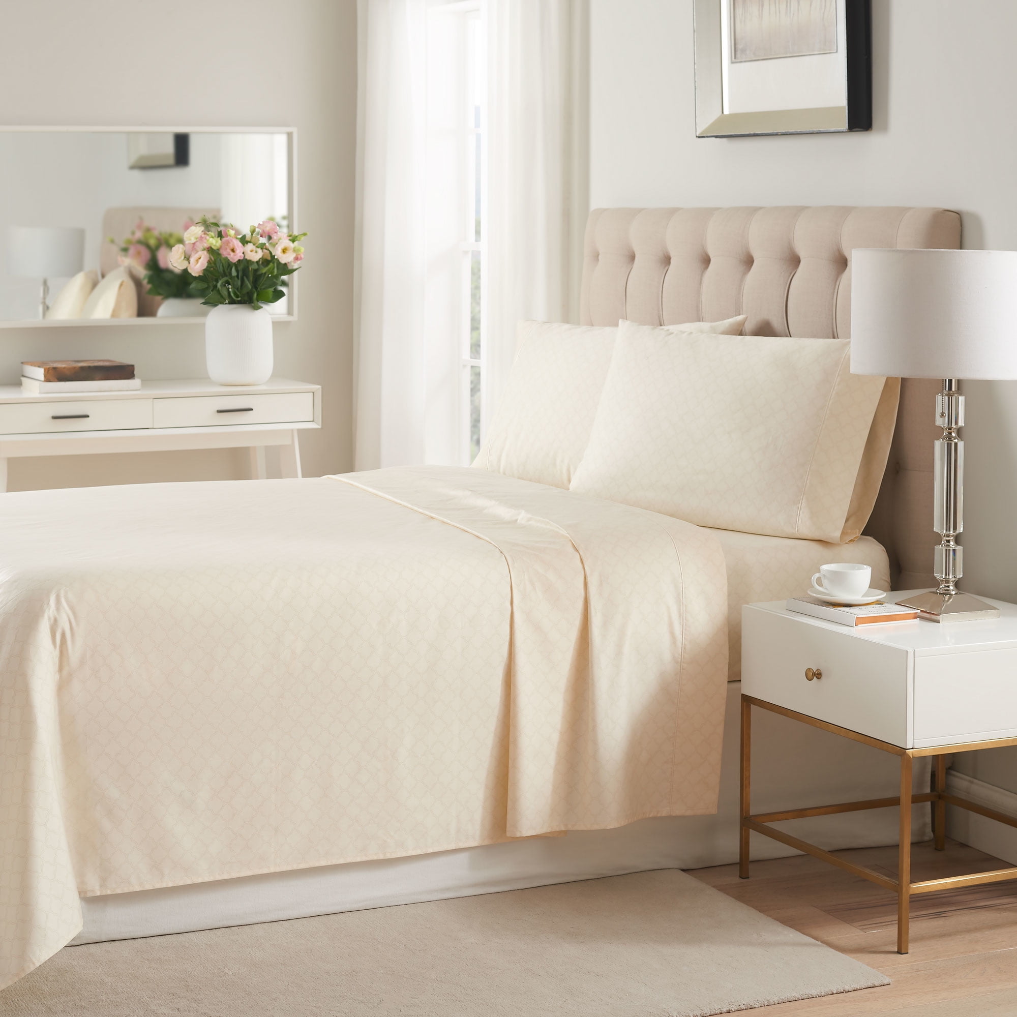 Hotel Style 4 Piece 600 Thread Count Cream Ogee Egyptian Cotton Bed Sheet Set, Queen