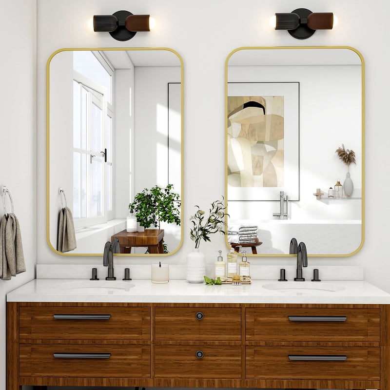 Easy4Home 38"x26" Rectangular Bathroom Mirror Hanging Rounded Corners Vanity Mirror Wall Mounted, Gold
