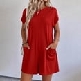 thumbnail image 2 of Womens Summer Casual Romper Short Sleeve Back Zipper Crewneck Shorts Overalls Jumpsuit with Pockets Outfits Red XXL(XXL), 2 of 8