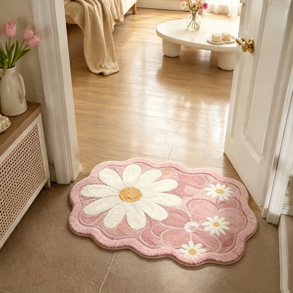 Scalloped Flower Shape Bath Mat Soft Microfiber Absorbent Rug for Bathroom Bedroom Window Sill Floor(Pink)