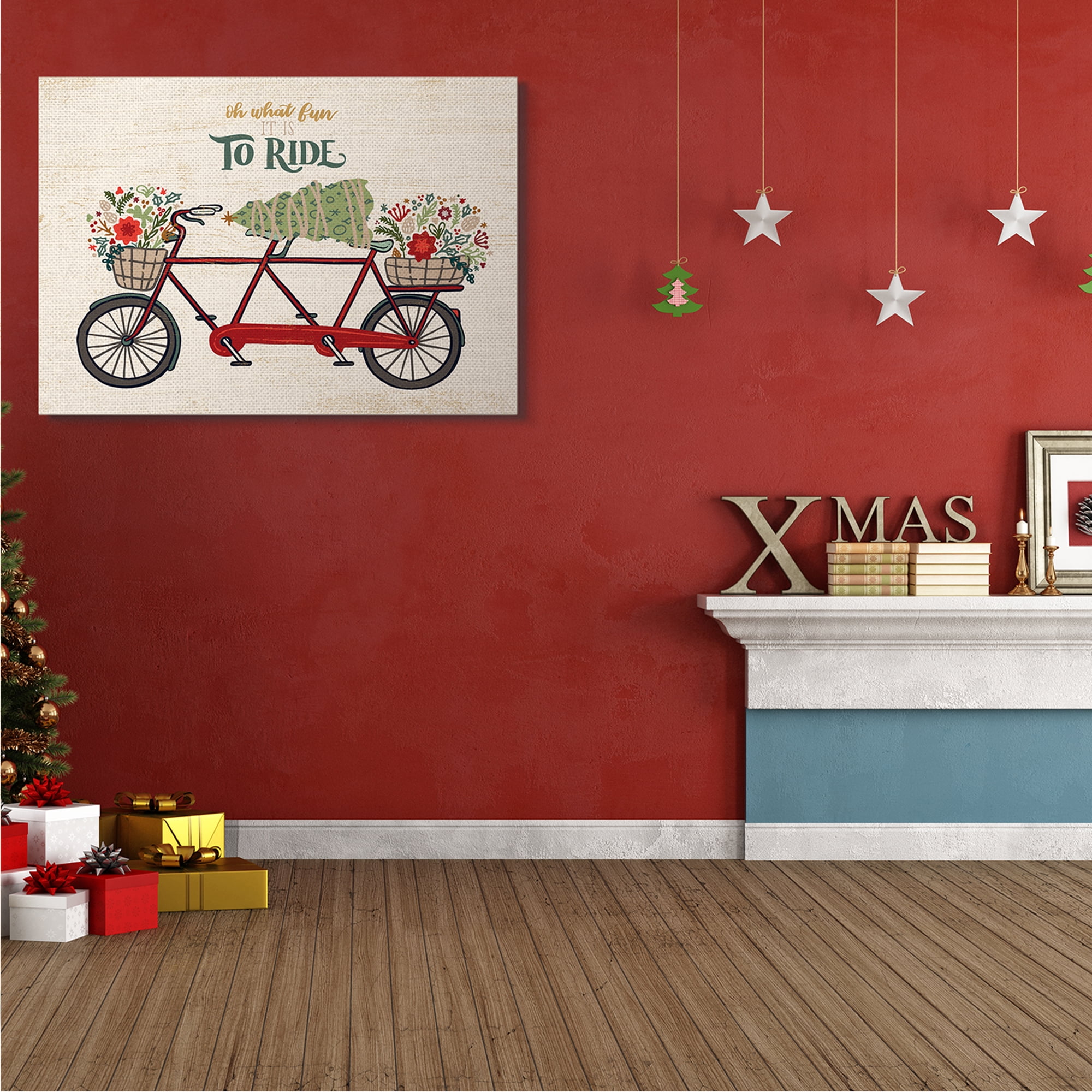 Stupell Industries Oh What Fun Christmas Sentiments Red Tandem Bicycle Transportation Painting Gallery Wrapped Canvas Art Print Wall Art, 36 x 48