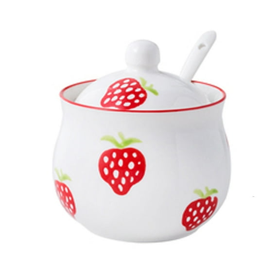 Ceramic Cute Strawberry Sugar Bowl With Lid And SpoonSmall Sugar Cubes BowlFarmhouse Salt Bowl Seasoning Box Spice Box For Kitchen-1-1